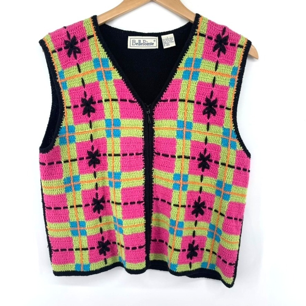 Vintage Women L Vest Cardigan Crochet Knit Zip Patchwork Granny Square
